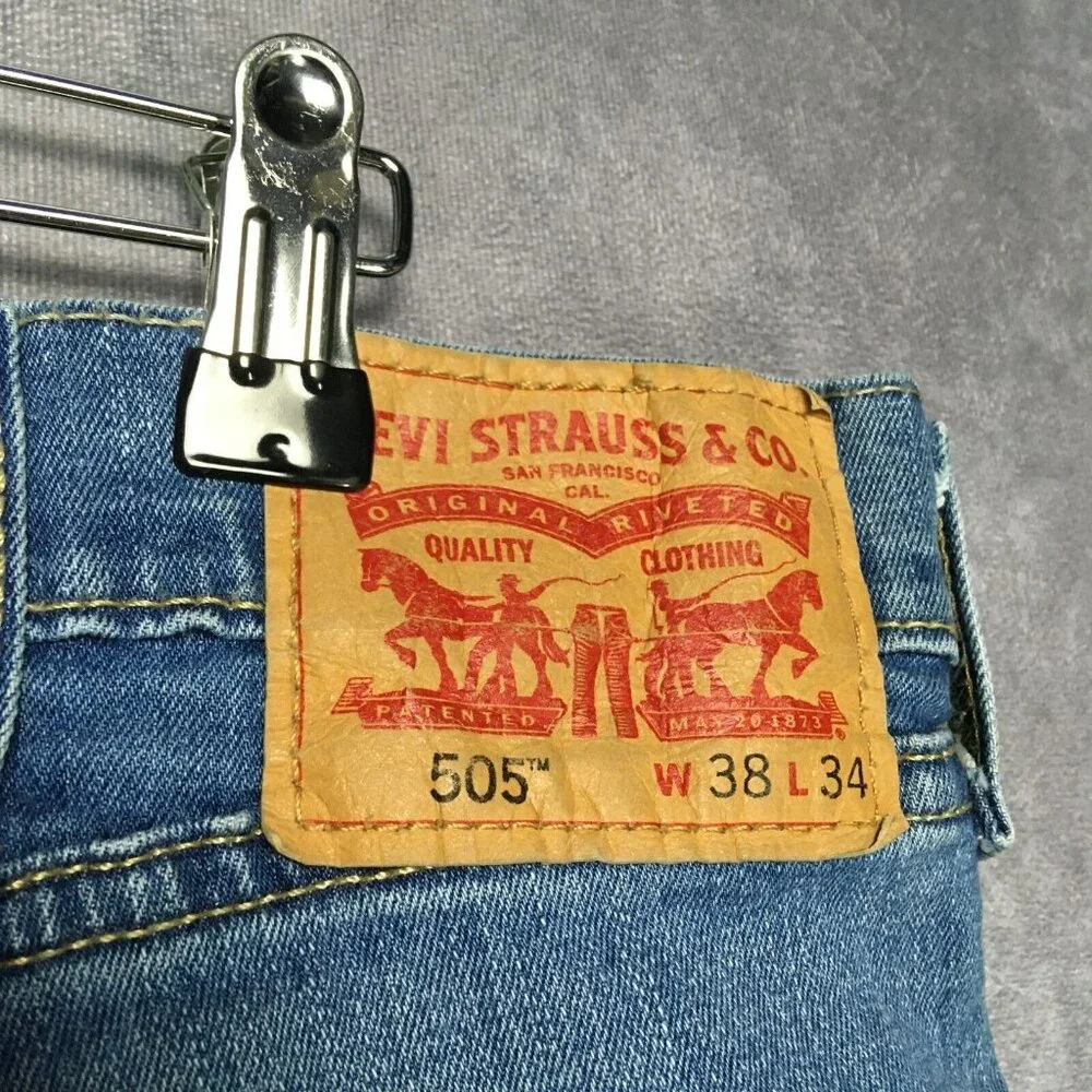 Levis Mens 505‎ Regular Fit Blue Jeans size 38x34 Stretch Denim Pants Zipper Fly